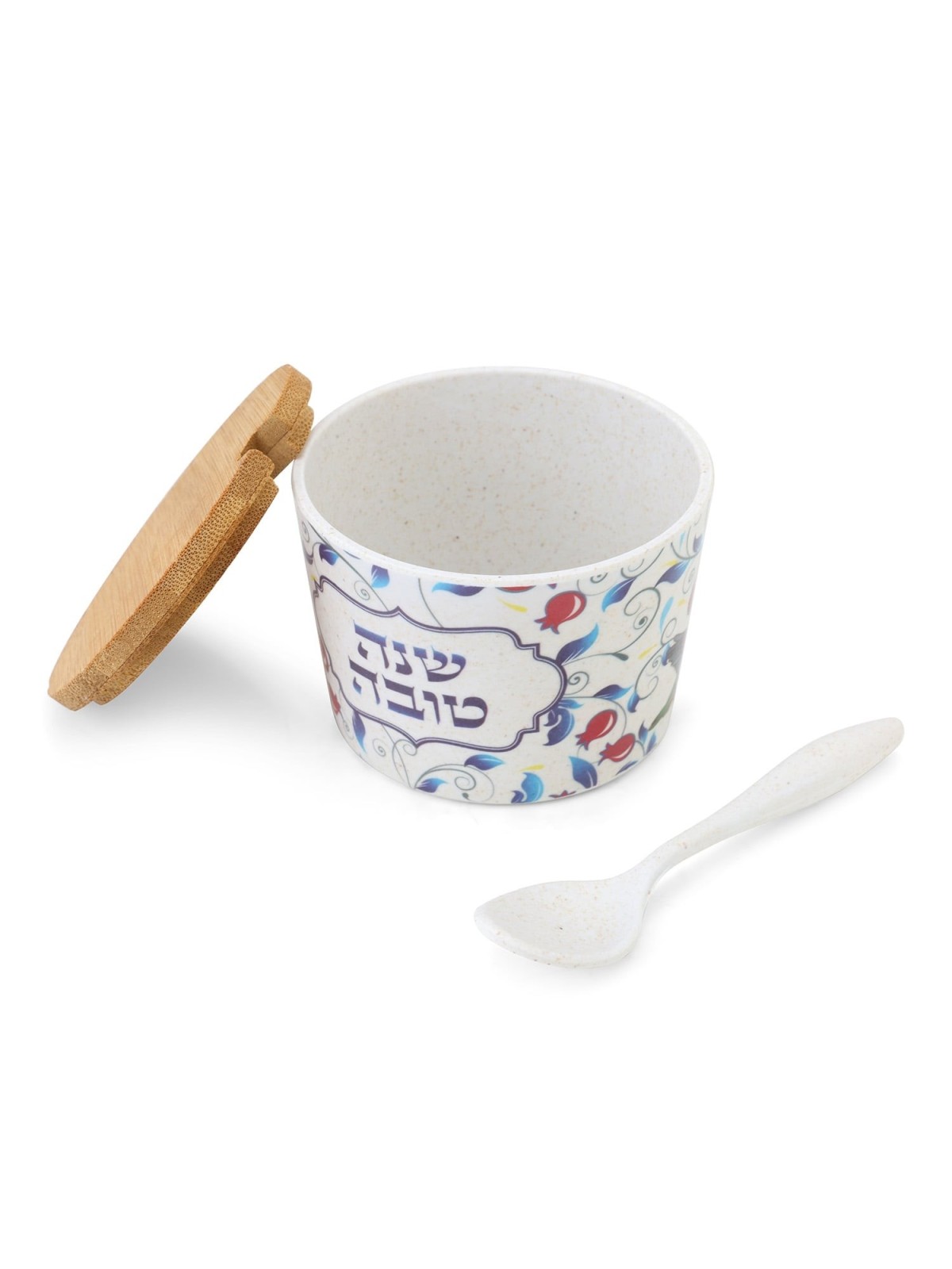 Bamboo Rosh Hashanah Honey Dish with Blue Leaves and Pomegranate Desig